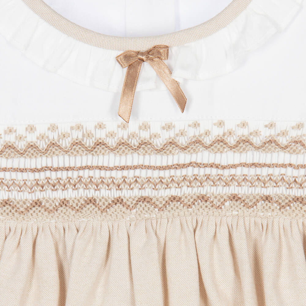 Beatrice & George-Girls Beige Hand-Smocked Cotton Dress | Childrensalon Outlet