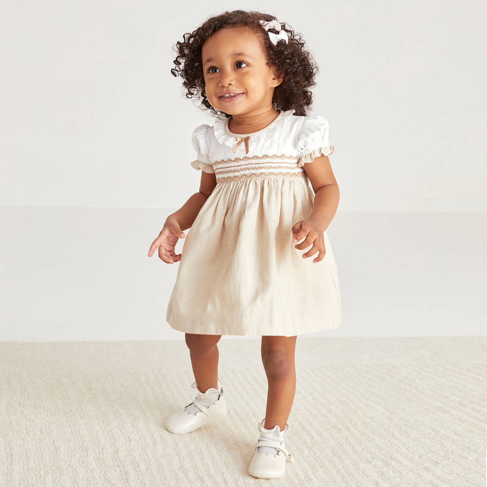 Beatrice & George-Girls Beige Hand-Smocked Cotton Dress | Childrensalon Outlet