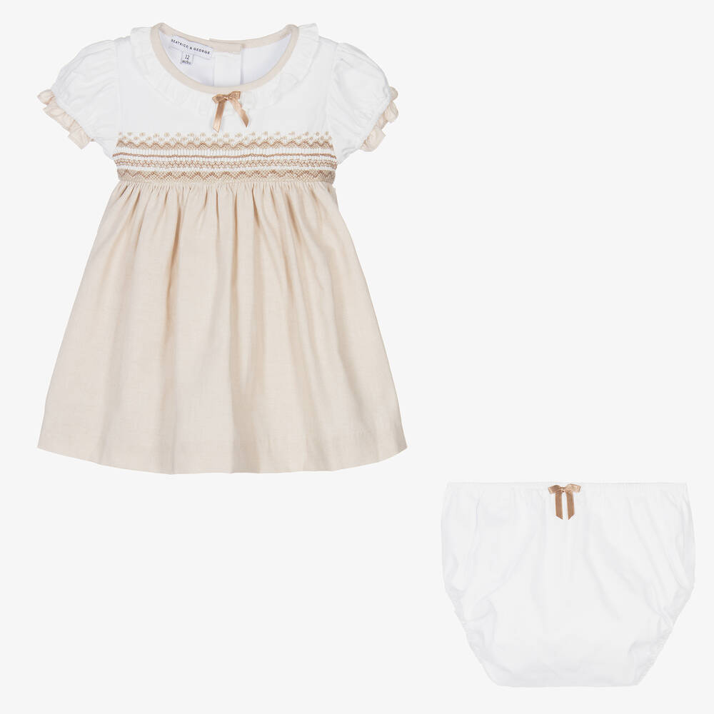 Beatrice & George-Girls Beige Hand-Smocked Cotton Dress | Childrensalon Outlet