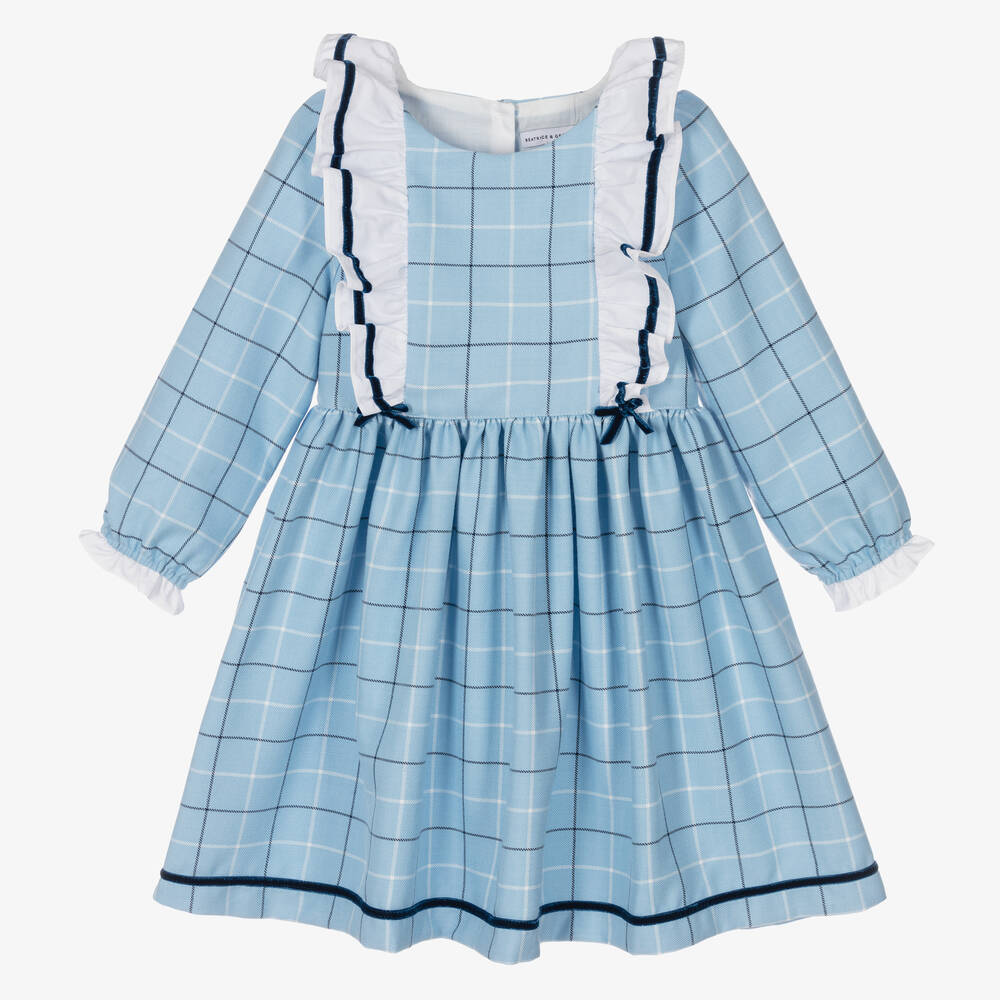 Beatrice & George - Robe bleue en viscose carreaux et volants fille | Childrensalon