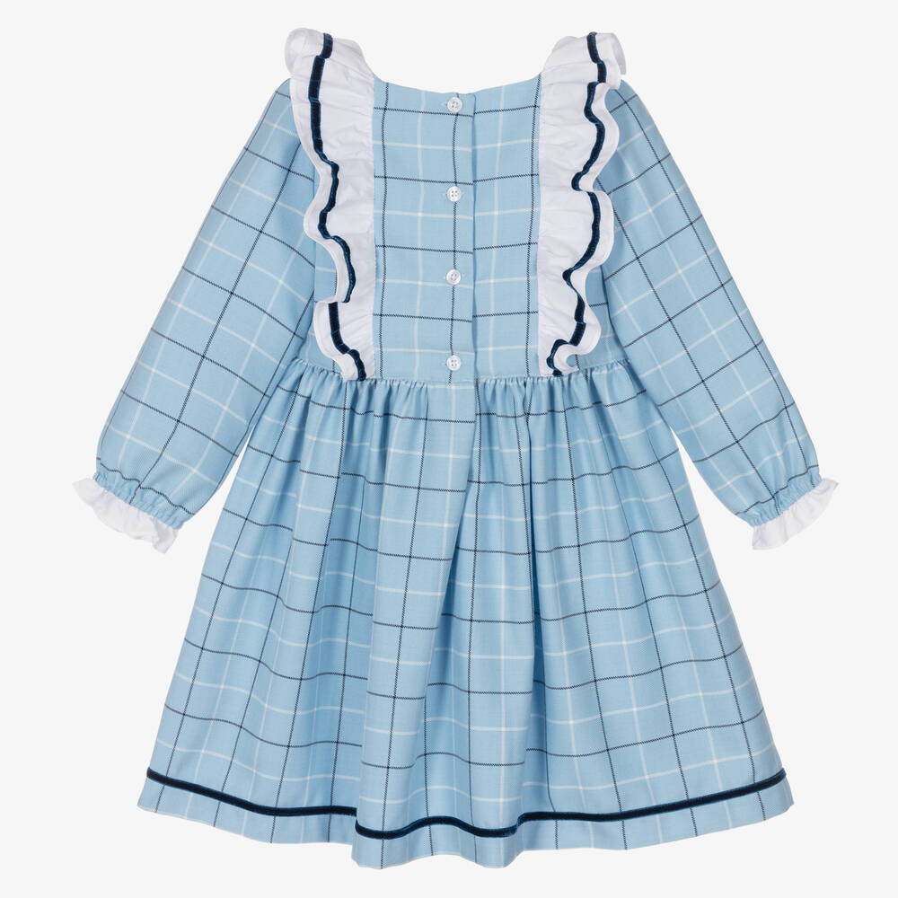 Beatrice & George-Girls Blue Check Frill Viscose Dress | Childrensalon Outlet