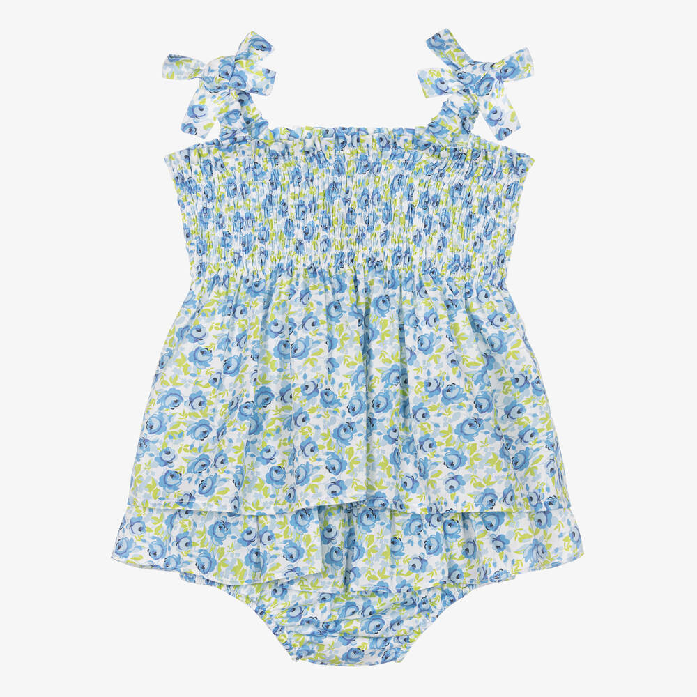 Beatrice & George-Girls Blue Cotton Floral Dress & Bloomers | Childrensalon Outlet
