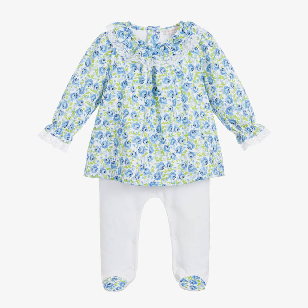 Beatrice & George-Girls Blue Floral Cotton Babygrow | Childrensalon Outlet
