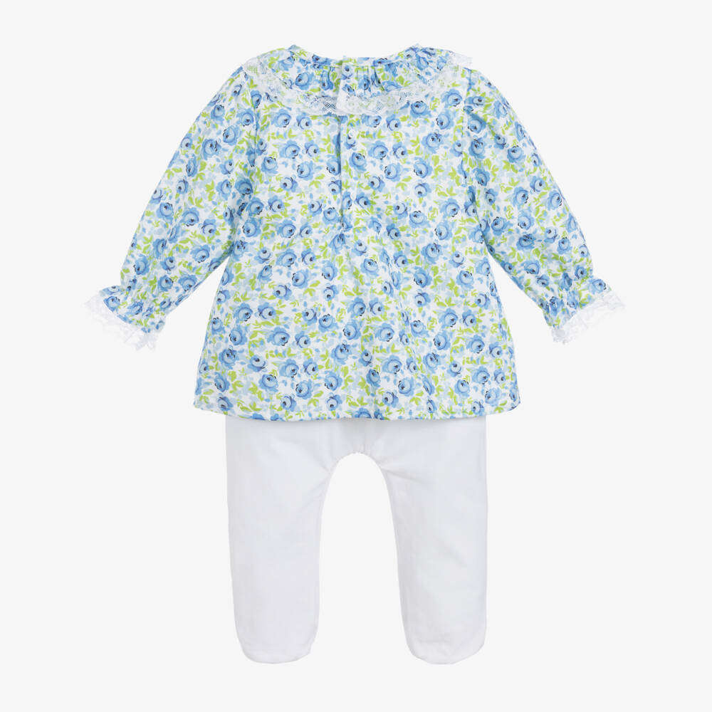 Beatrice & George-Girls Blue Floral Cotton Babygrow | Childrensalon Outlet
