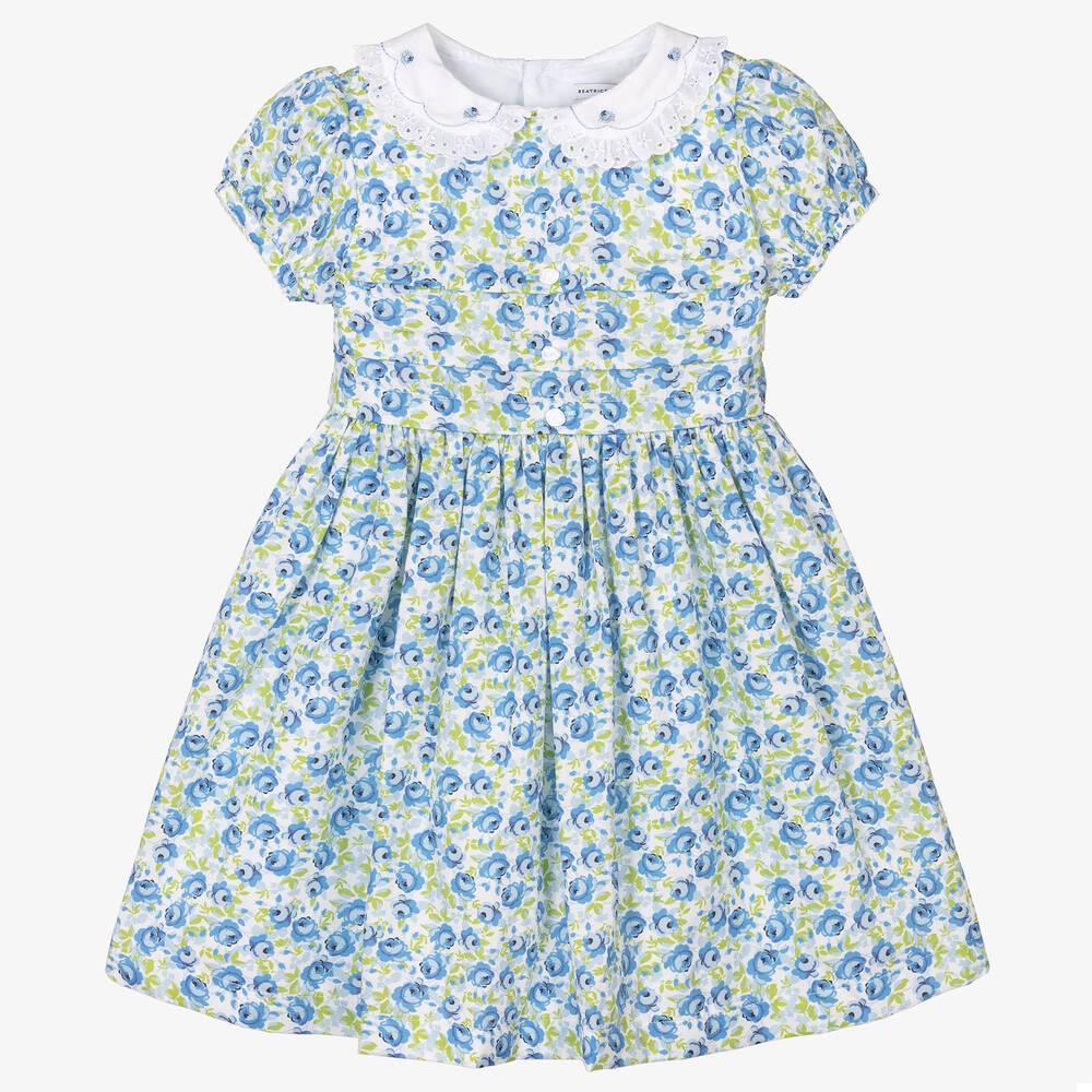 Beatrice & George-Girls Blue Floral Cotton Dress | Childrensalon Outlet