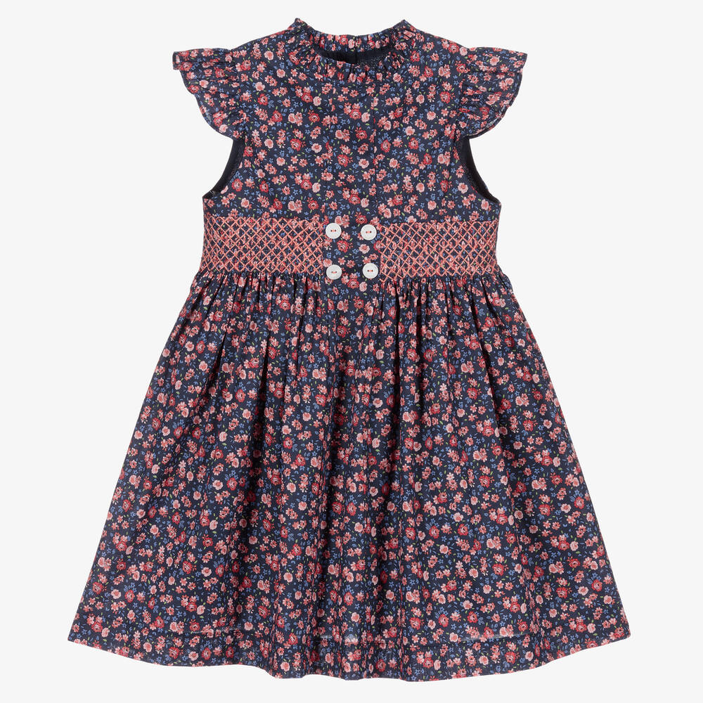 Beatrice & George - Girls Blue Floral Cotton Dress | Childrensalon