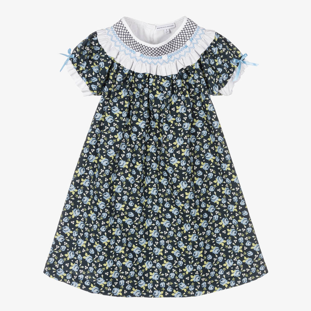 Beatrice & George - Robe bleue à fleurs smockée fille | Childrensalon