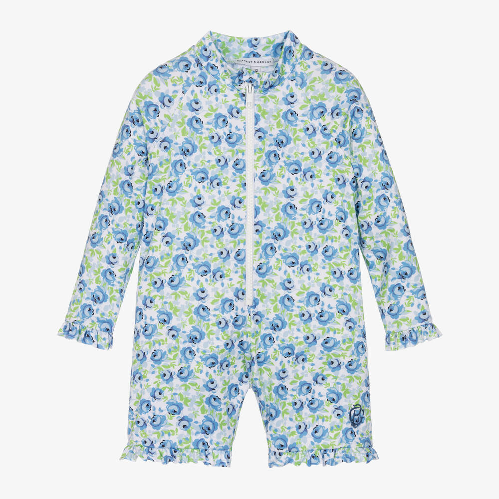Beatrice & George-Girls Blue Floral Sun Suit (UPF50+) | Childrensalon Outlet
