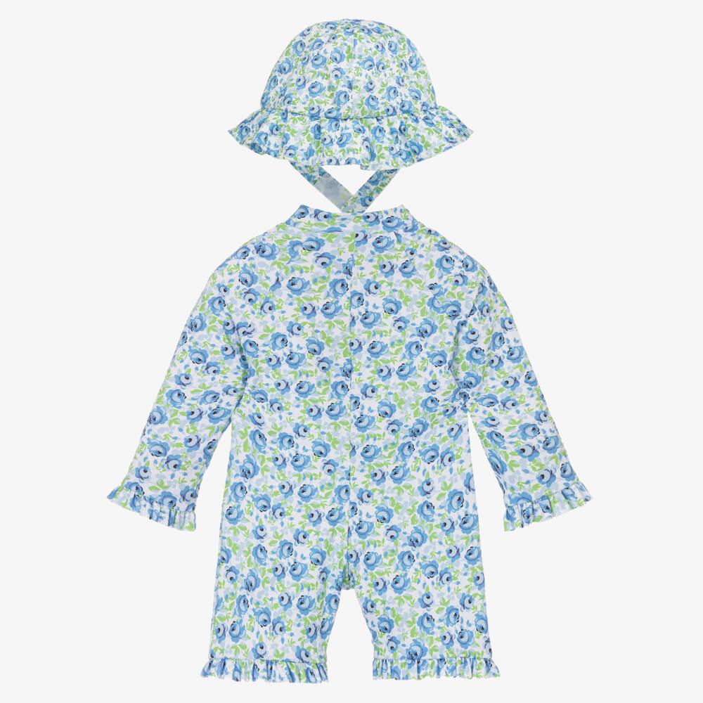 Beatrice & George-Голубой солнцезащитный комбинезон и шапочка в цветочек | Childrensalon Outlet