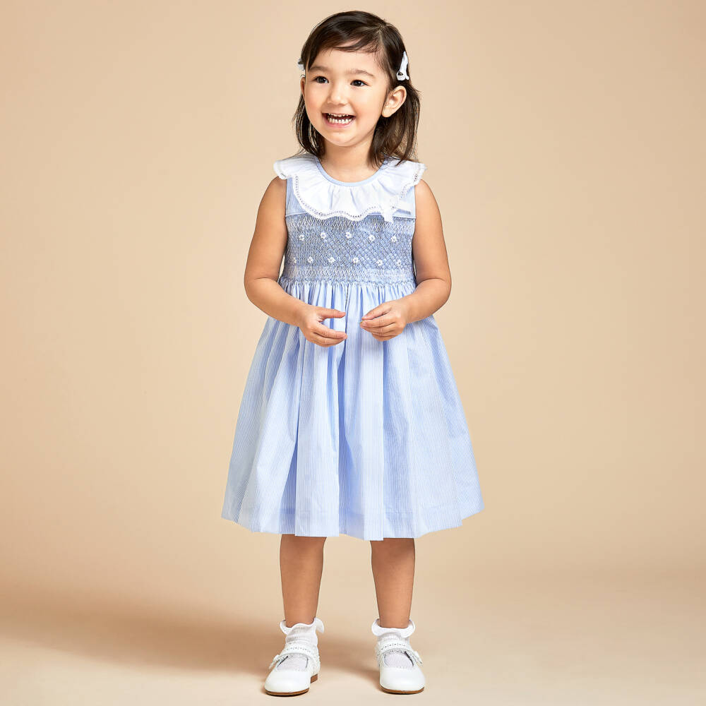 Beatrice & George-Girls Blue Hand-Embroidered Dress | Childrensalon Outlet