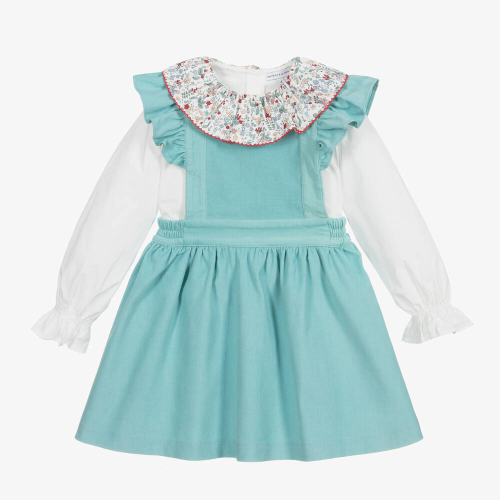 Beatrice & George - Girls Blue Needlecord Pinafore Dress Set | Childrensalon