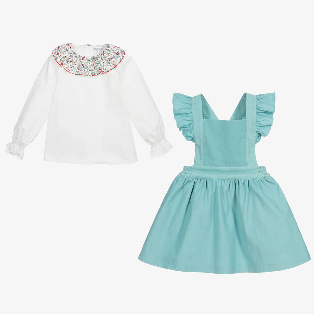 Beatrice & George-Girls Blue Needlecord Pinafore Dress Set | Childrensalon Outlet