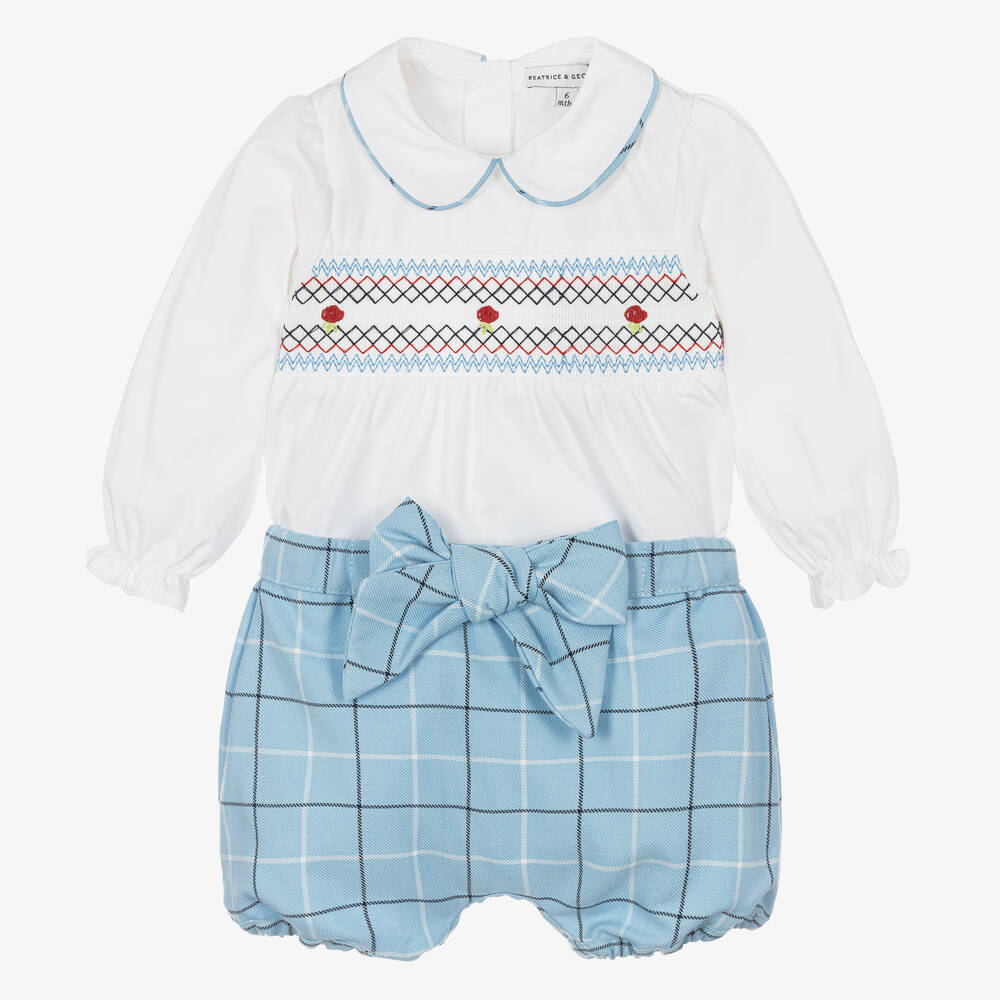 Beatrice & George - Girls Blue Smocked & Checked Shorts Set | Childrensalon