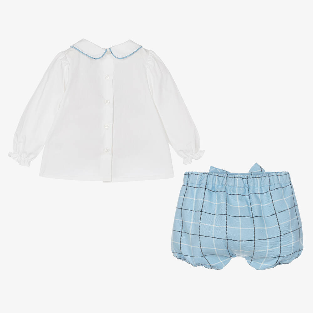 Beatrice & George-Girls Blue Smocked & Checked Shorts Set | Childrensalon Outlet