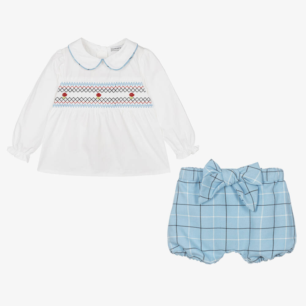 Beatrice & George-Girls Blue Smocked & Checked Shorts Set | Childrensalon Outlet