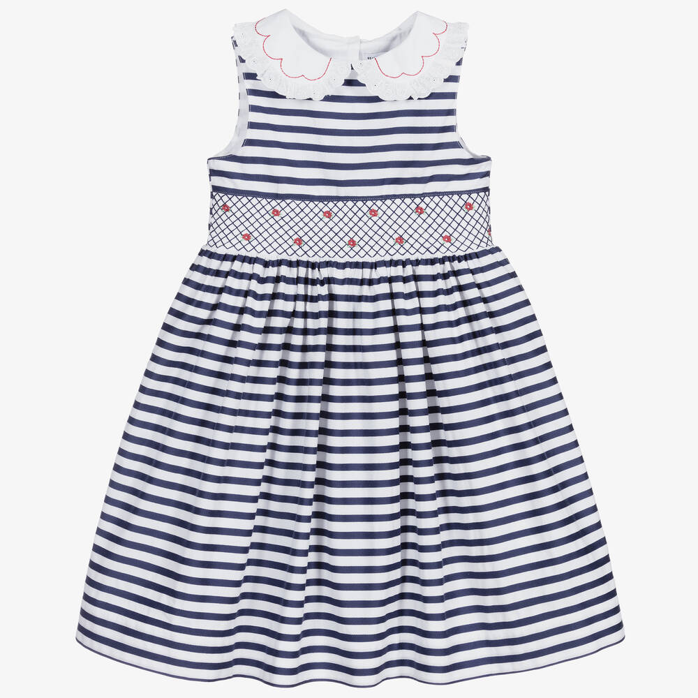 Beatrice & George - Girls Blue Stripe Smocked Cotton Dress | Childrensalon