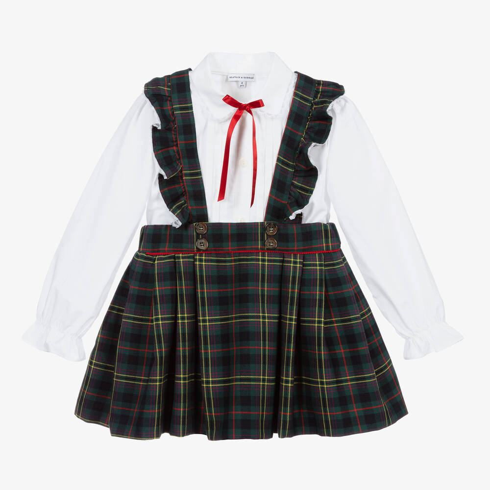 Beatrice & George-Girls Blue Tartan Cotton Skirt Set  | Childrensalon Outlet