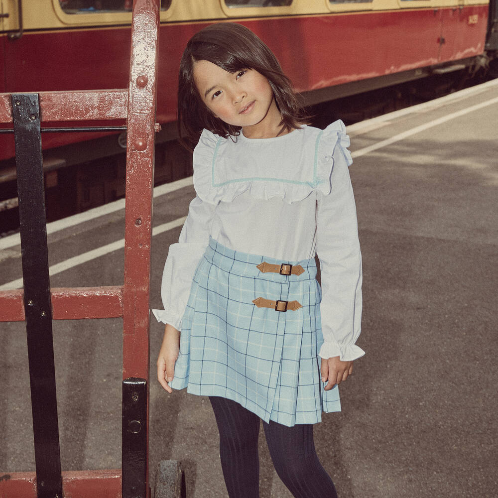 بياتريس آند جورج-طقم تنورة تارتان قطن بوبلين وفيسكوز لون أزرق | Childrensalon Outlet