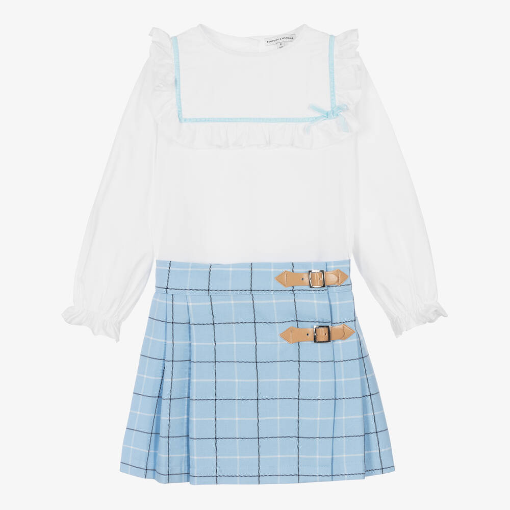 Beatrice & George - Girls Blue Viscose Tartan Skirt Set | Childrensalon
