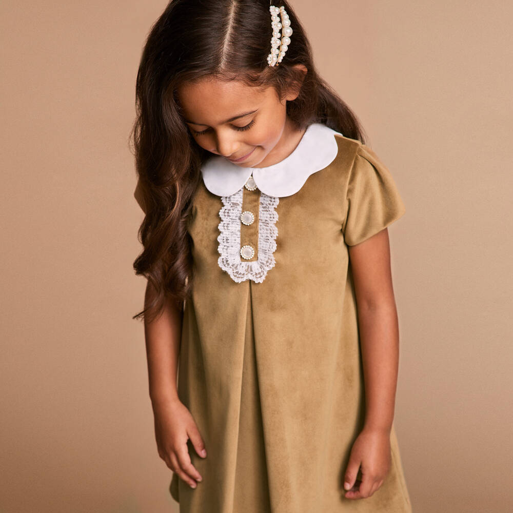 Beatrice & George-Girls Elegant Velvet Gold Dress | Childrensalon Outlet