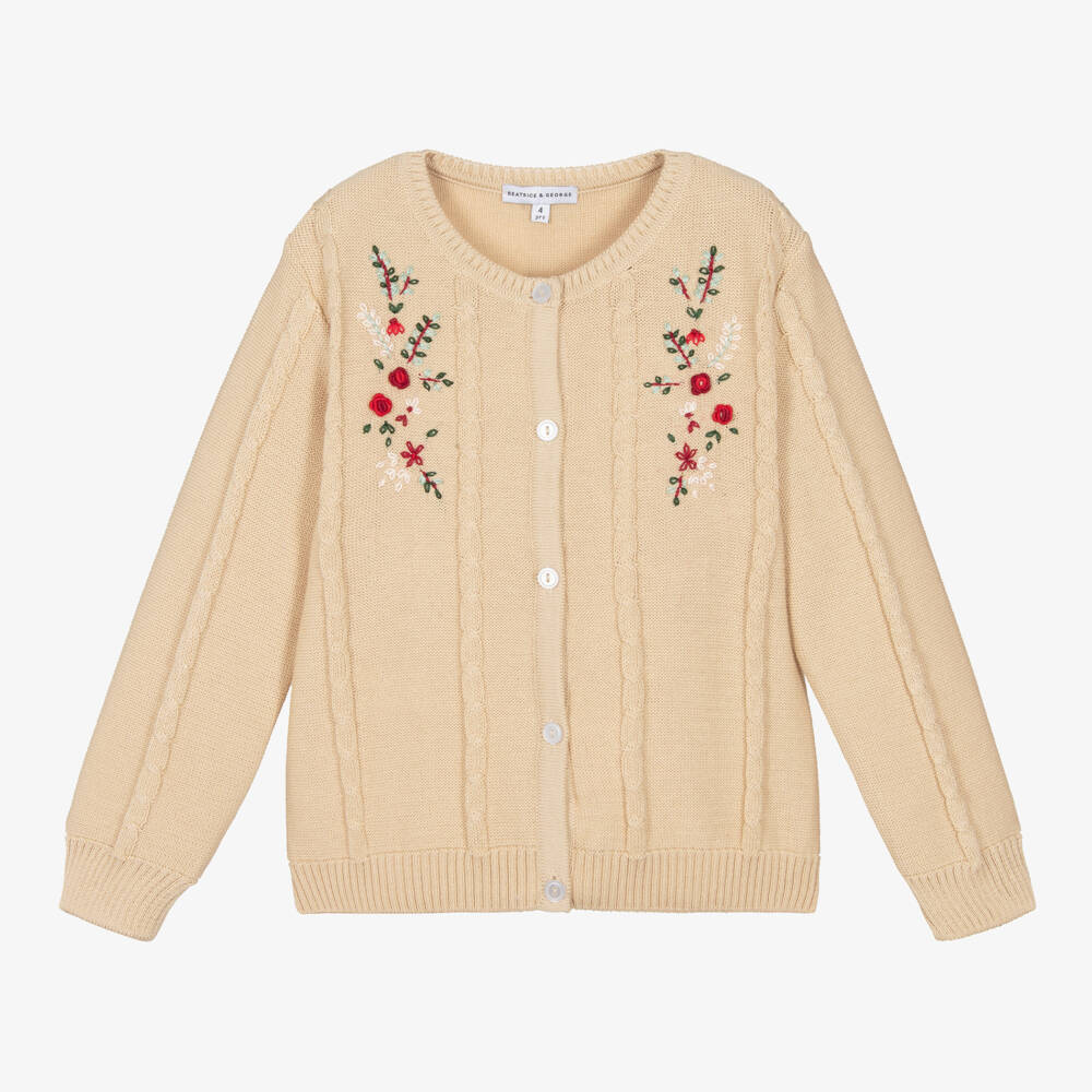 Beatrice & George-Girls Floral Knit Beige Cardigan | Childrensalon Outlet