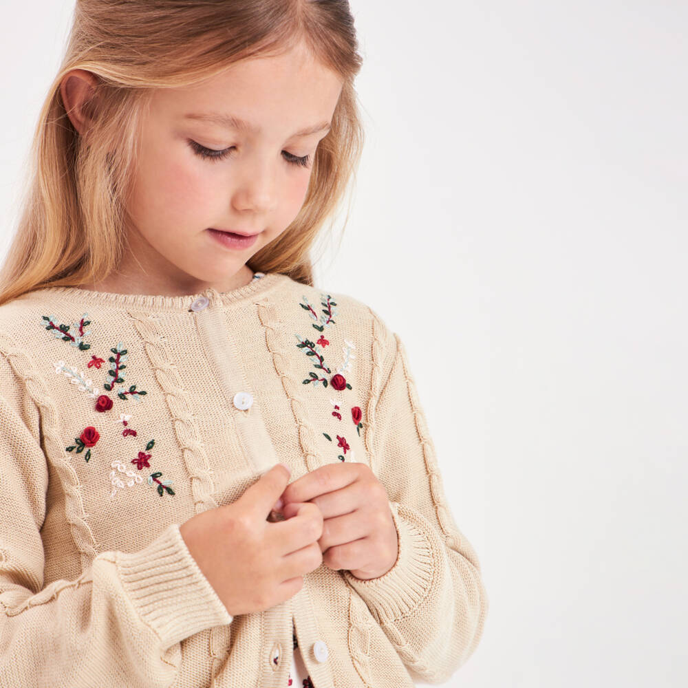 Beatrice & George-Girls Floral Knit Beige Cardigan | Childrensalon Outlet
