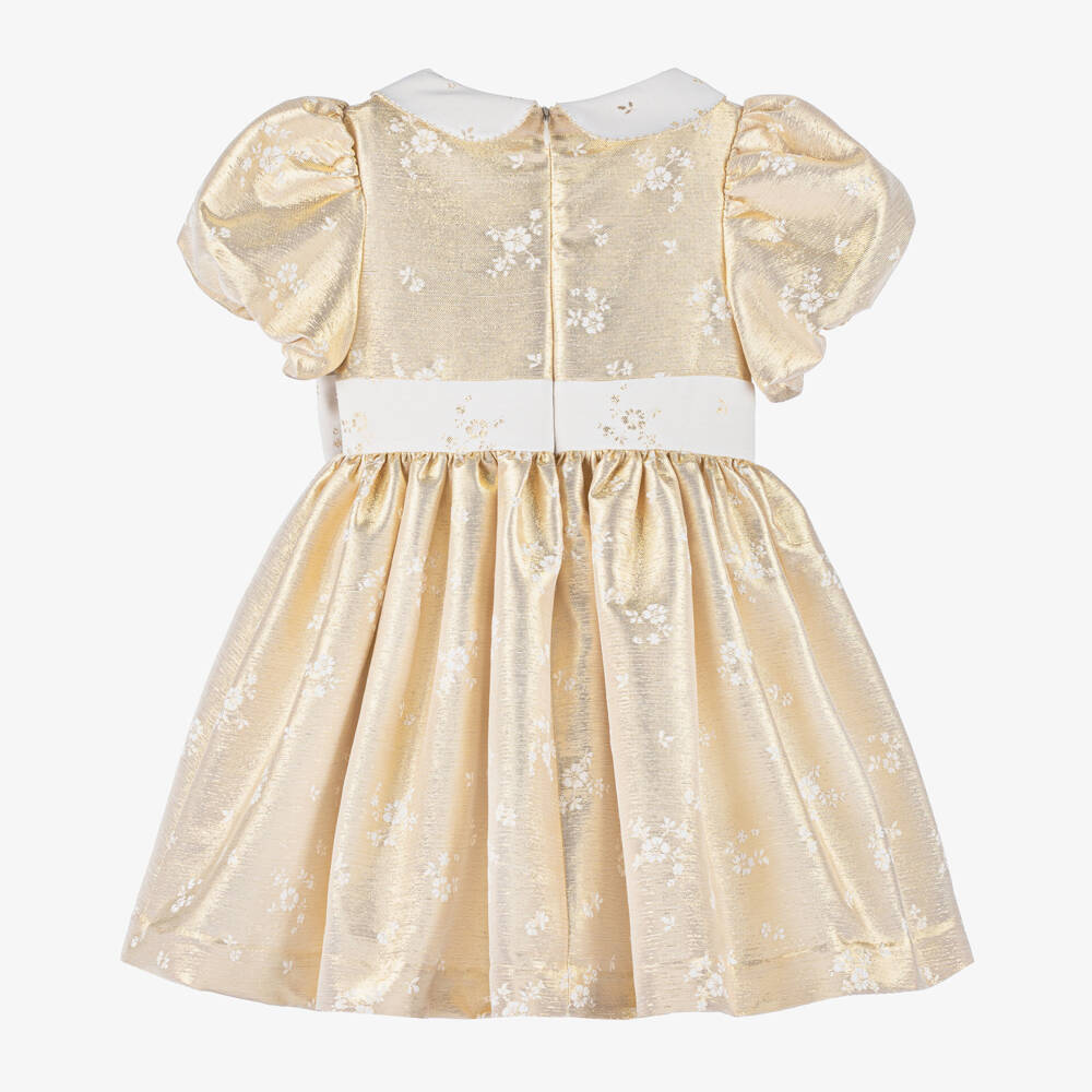 Beatrice & George-فستان جاكار ذهبي مزين بالزهور للبنات | Childrensalon Outlet