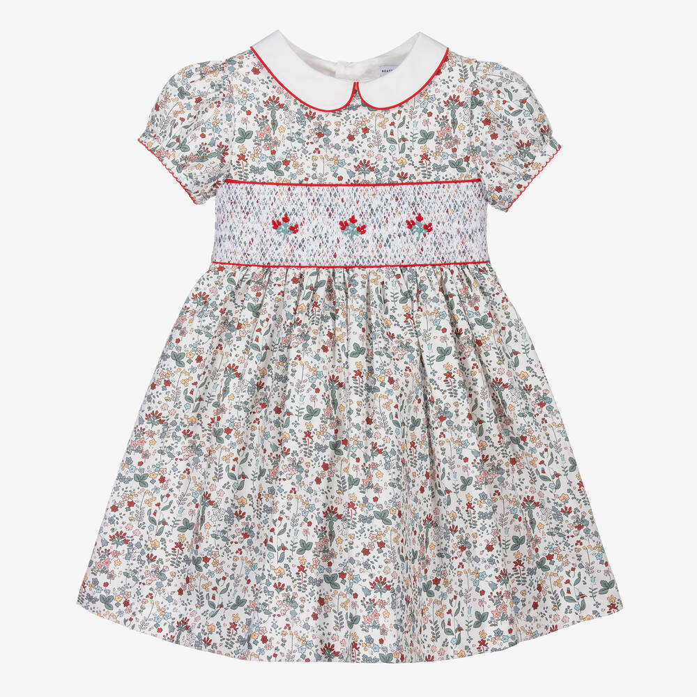 Beatrice & George - Girls Green Smocked Cotton Dress | Childrensalon
