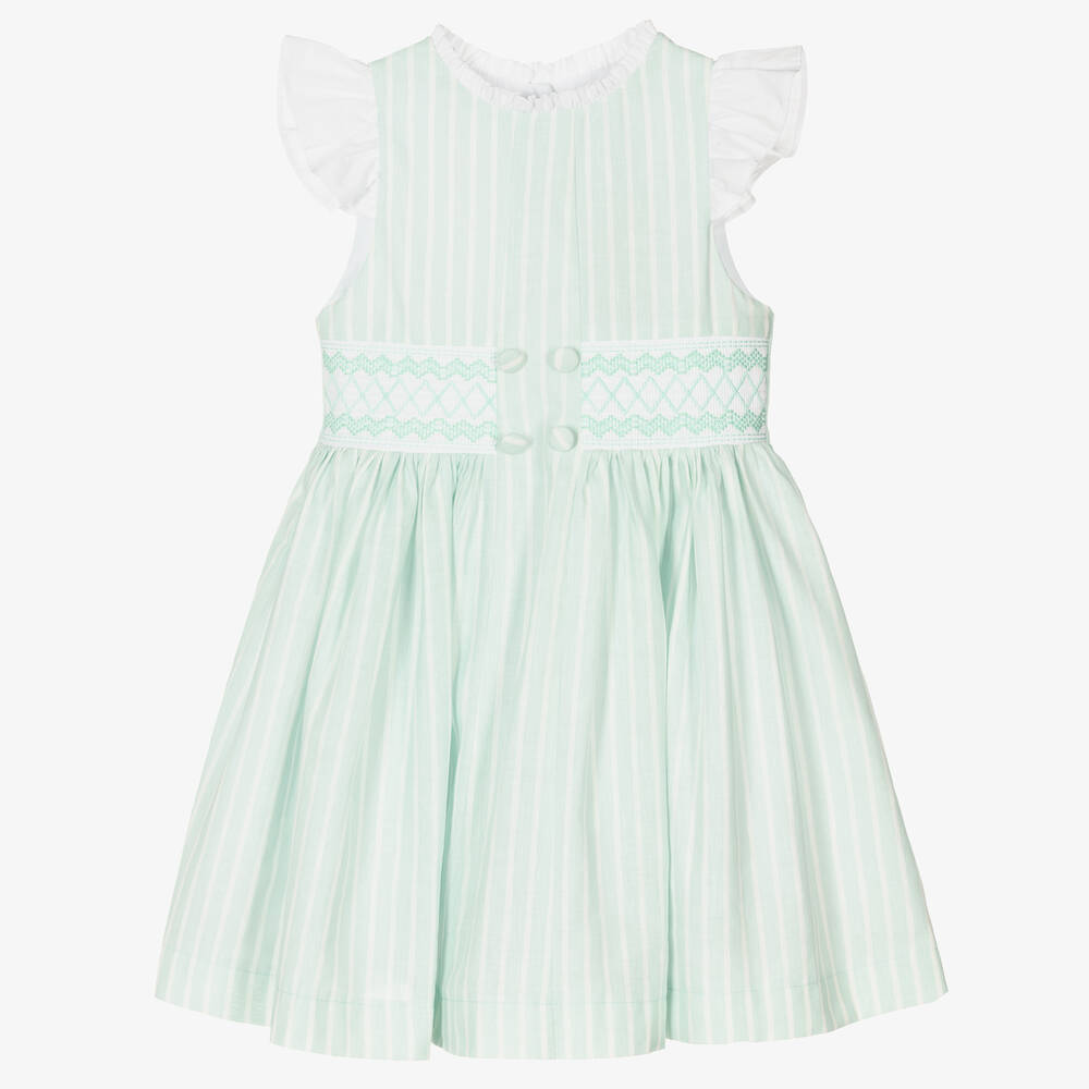 Beatrice & George - Girls Green Stripe Smocked Linen Dress | Childrensalon