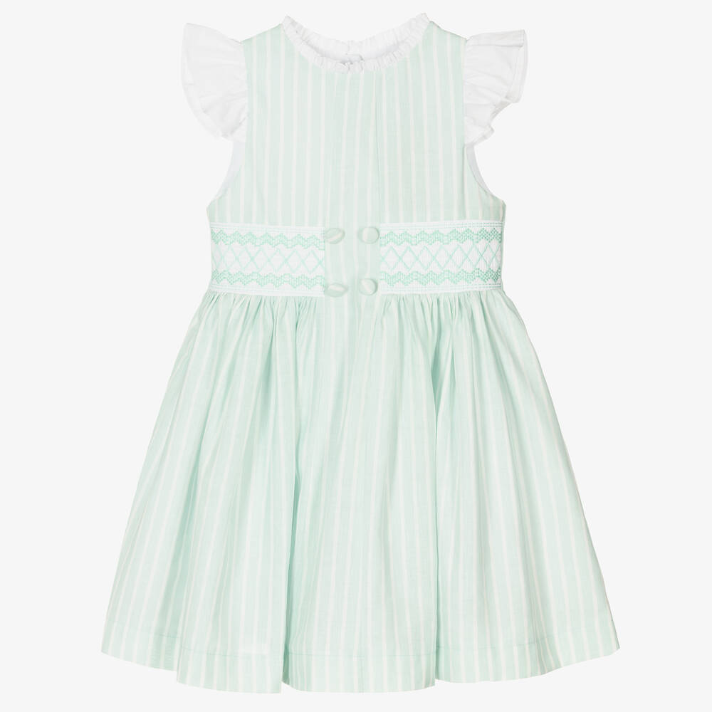 Beatrice & George - Robe verte rayée en lin et smocks fille  | Childrensalon