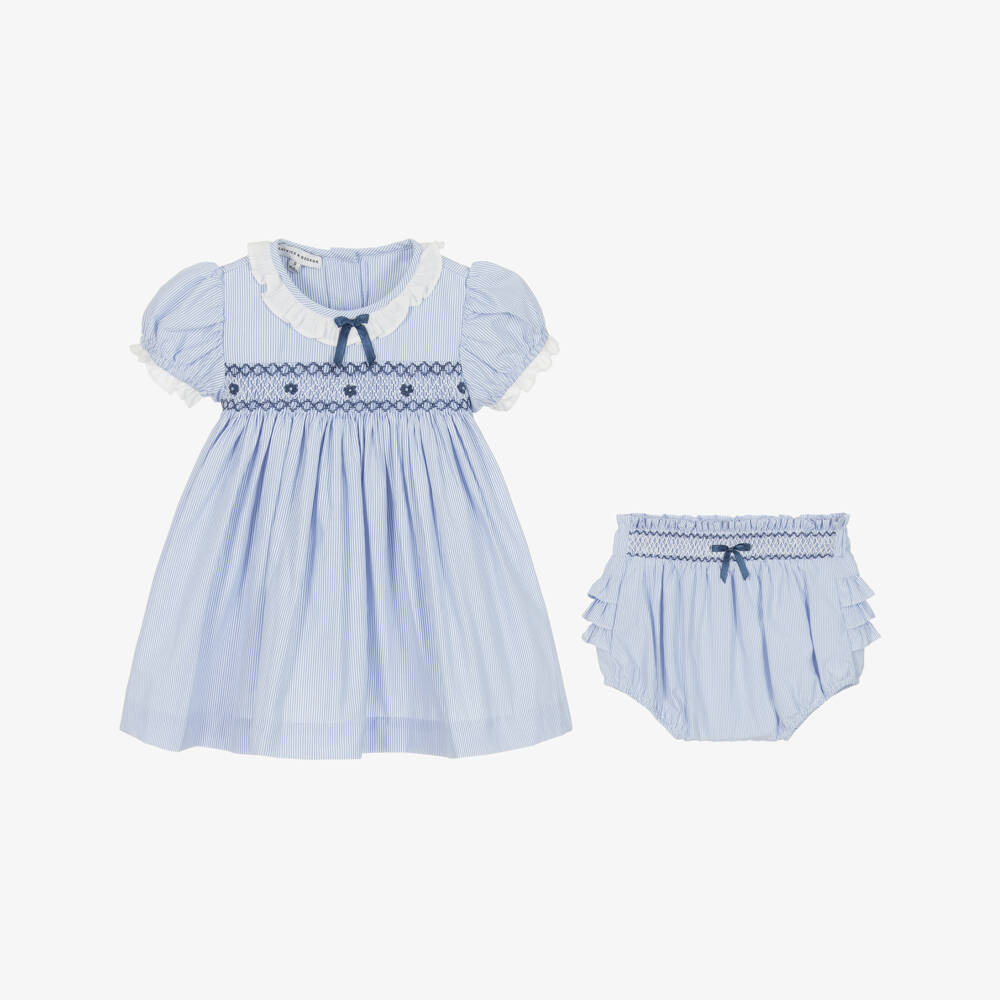 Beatrice & George-Girls Hand-Smocked Blue Cotton Dress | Childrensalon Outlet