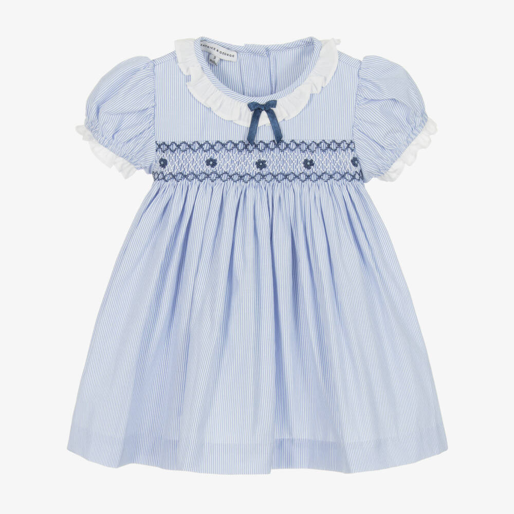 Beatrice & George-Girls Hand-Smocked Blue Cotton Dress | Childrensalon Outlet