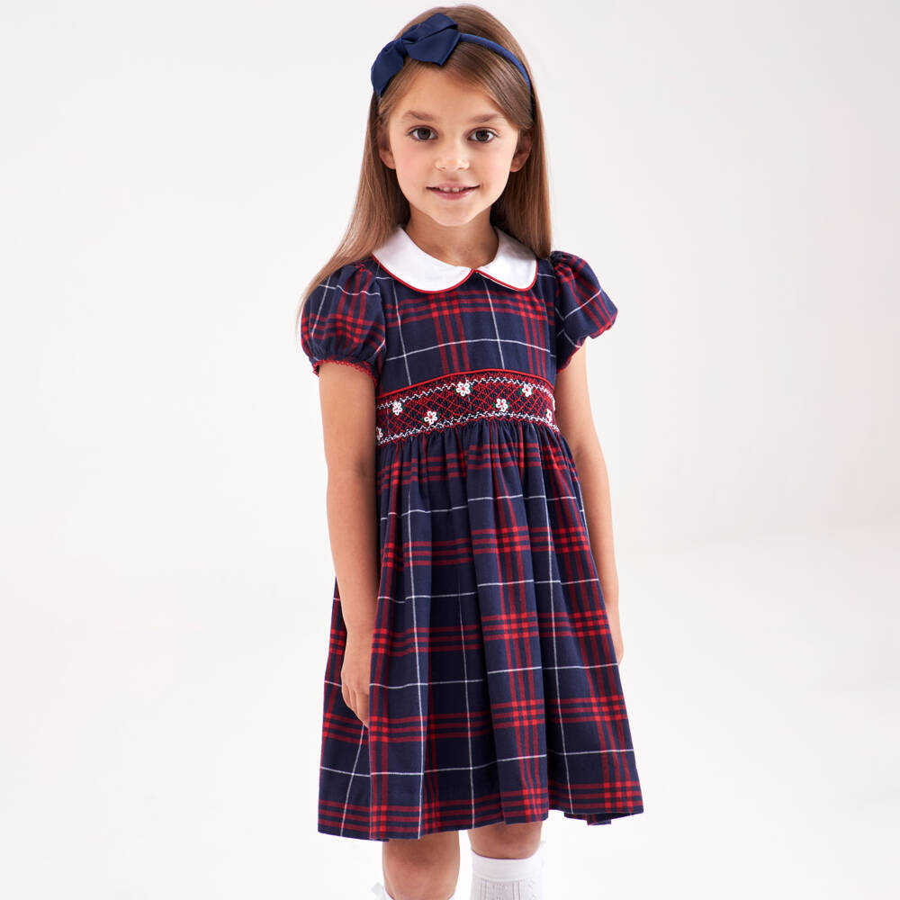 Beatrice & George-Синее хлопковое платье в клетку со сборками для девочек | Childrensalon Outlet