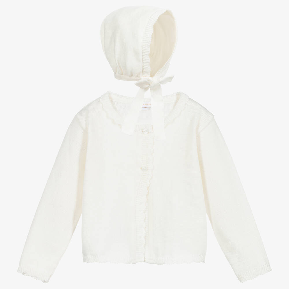 Beatrice & George-Girls Ivory Cotton Cardigan & Bonnet Set | Childrensalon Outlet