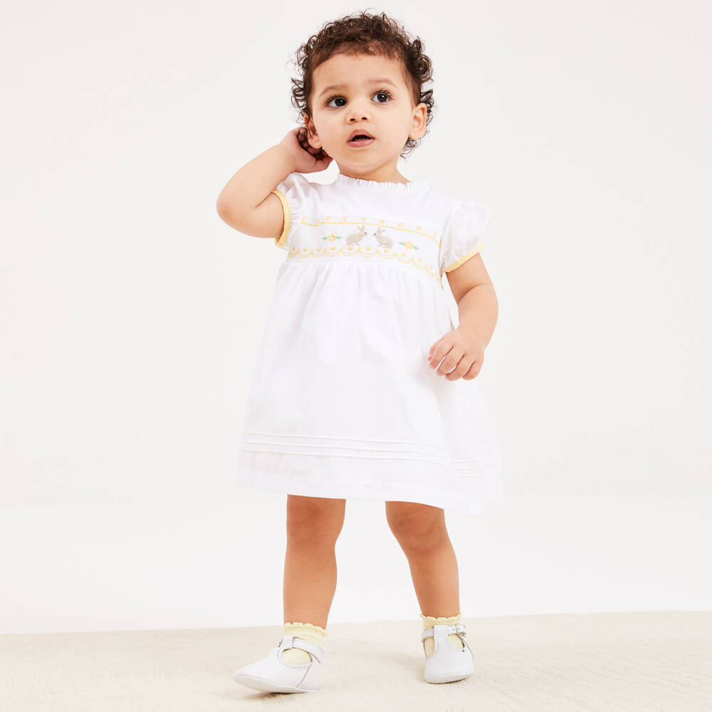 Beatrice & George-Girls Ivory Cotton Dress & Bonnet Set | Childrensalon Outlet