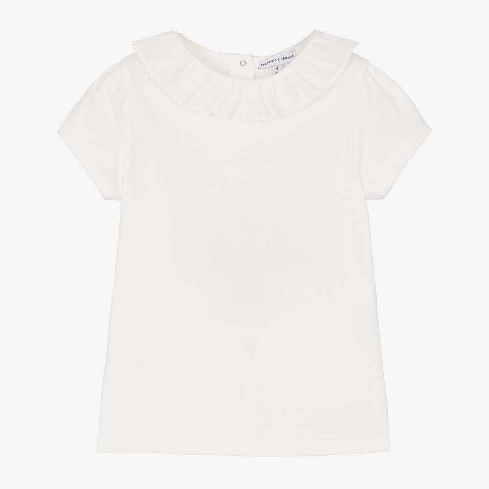 Beatrice & George - Girls Ivory Cotton Ruffle T-Shirt  | Childrensalon