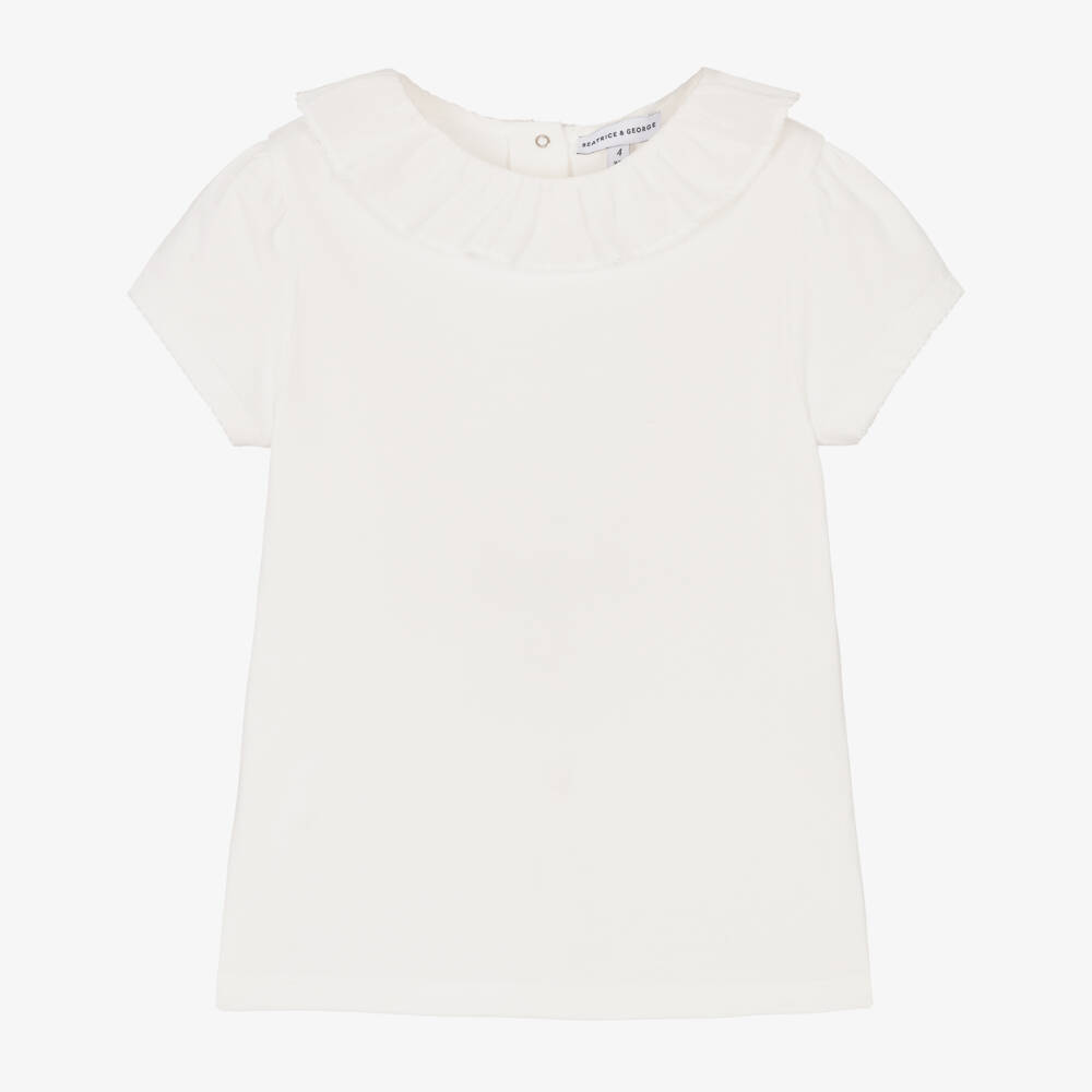 Beatrice & George-Girls Ivory Cotton T-Shirt With Ruffle Collar | Childrensalon Outlet