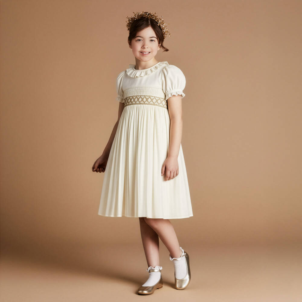 Beatrice & George-Girls Ivory Handcrafted Smocked Dress | Childrensalon Outlet