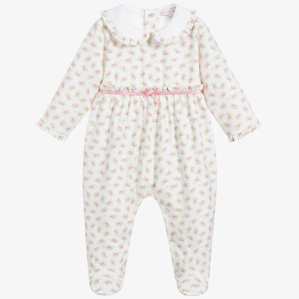 Beatrice & George-Girls Ivory & Pink Floral Cotton Babygrow | Childrensalon Outlet
