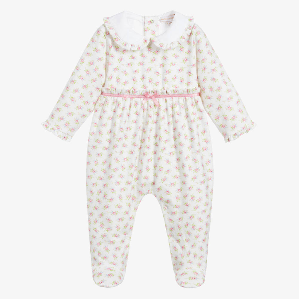 Beatrice & George-Girls Ivory & Pink Floral Cotton Babygrow | Childrensalon Outlet