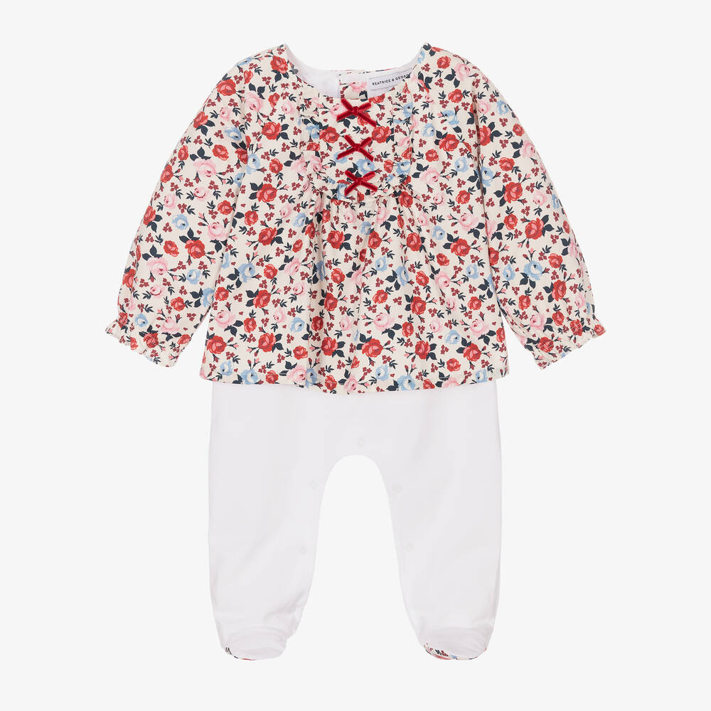 Beatrice & George - Girls Ivory & Red Cotton Floral Babygrow | Childrensalon