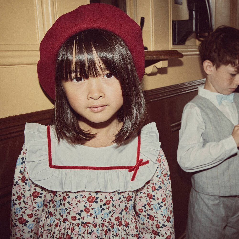 Beatrice & George-فستان قطن عضوي بوبلين لون عاجي وأحمر بطبعة ورود | Childrensalon Outlet