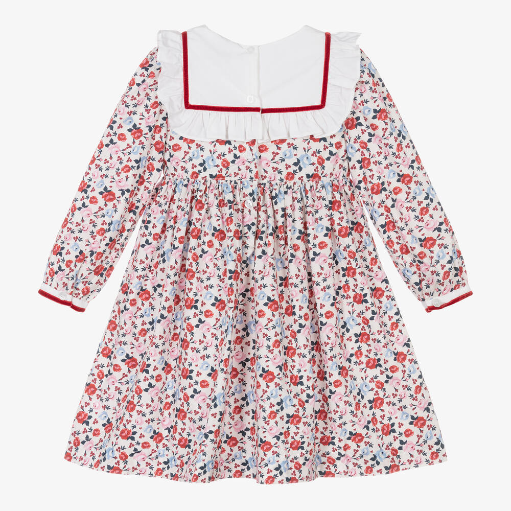 Beatrice & George-فستان قطن عضوي بوبلين لون عاجي وأحمر بطبعة ورود | Childrensalon Outlet