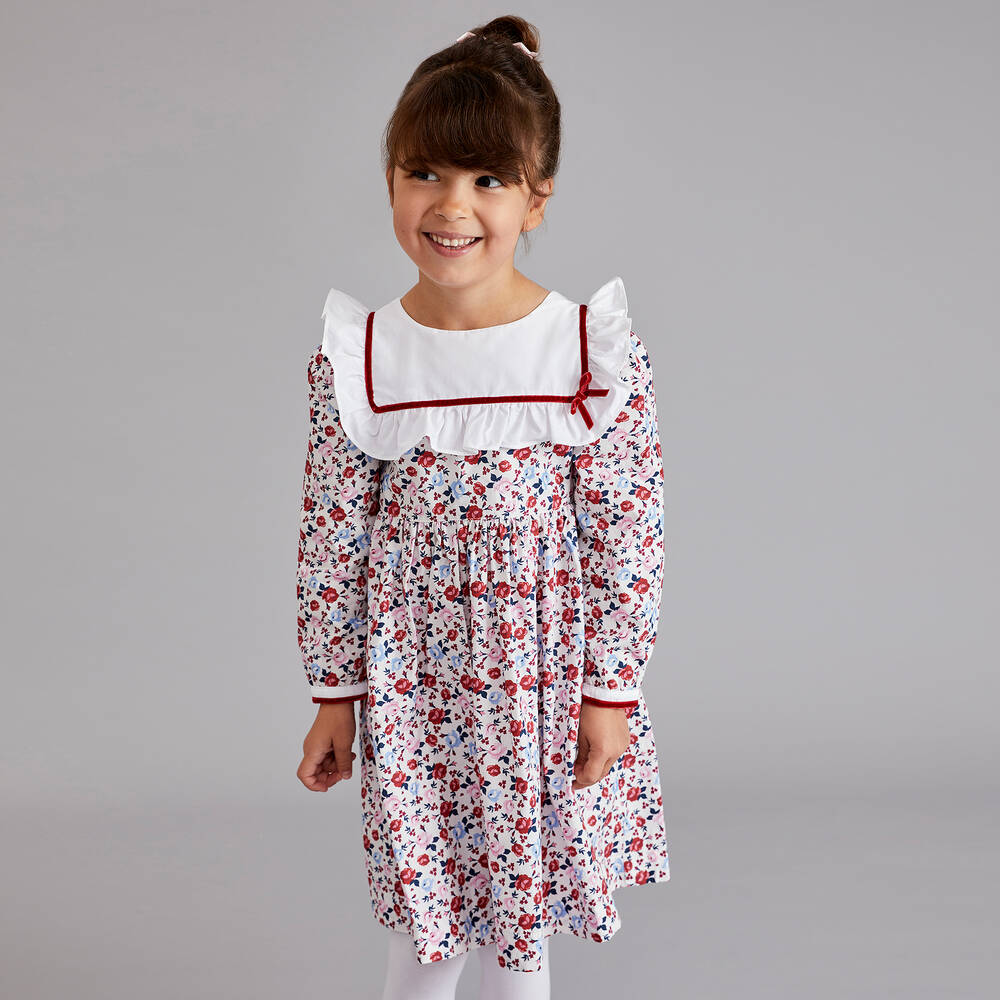 Beatrice & George-فستان قطن عضوي بوبلين لون عاجي وأحمر بطبعة ورود | Childrensalon Outlet