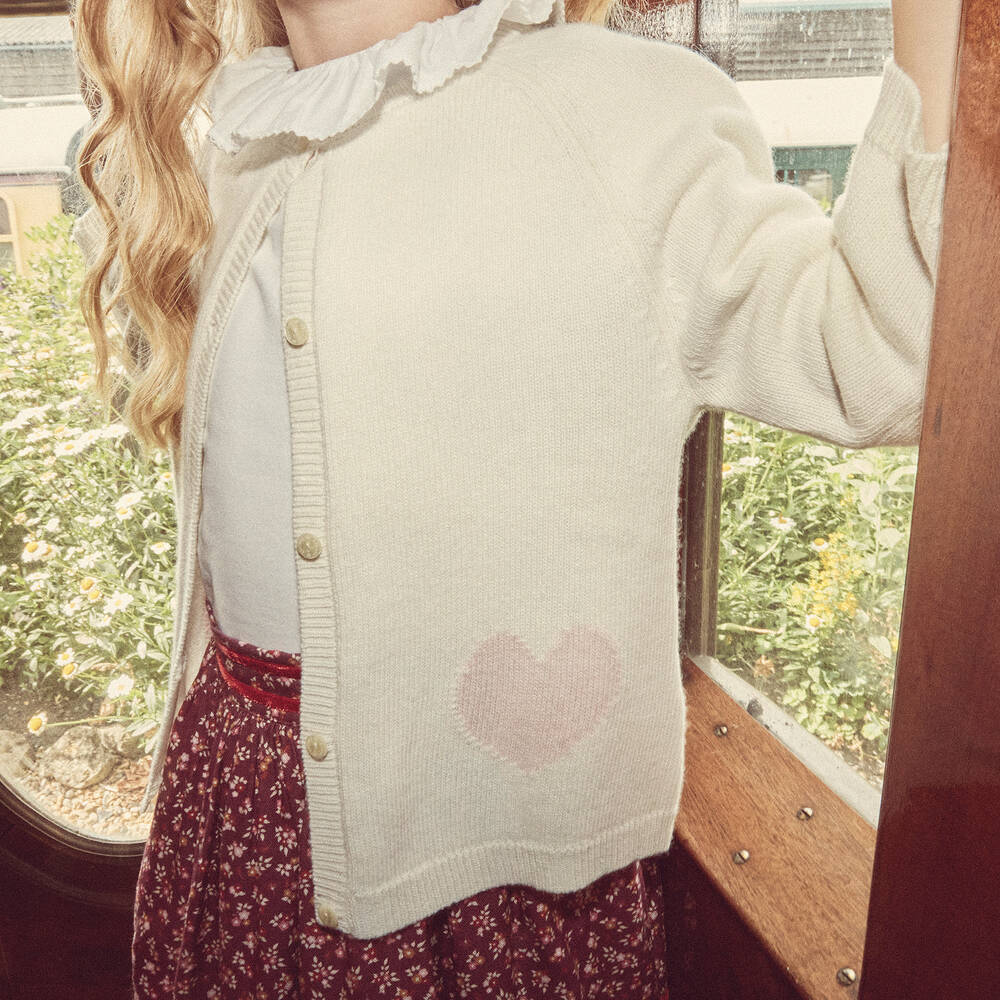 BEATRICE GEORGE Girls Ivory Wool Cashmere Heart Cardigan