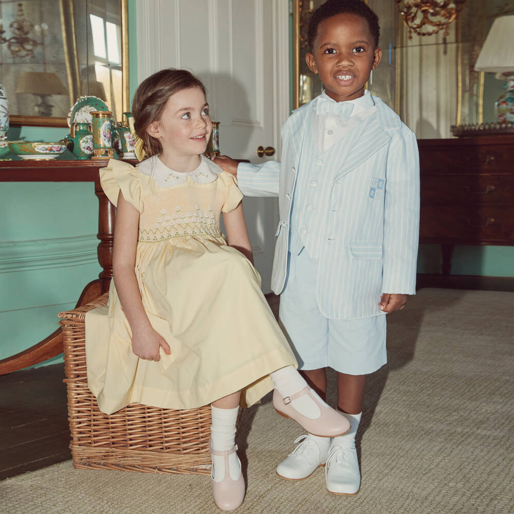 Beatrice & George-فستان مطرز سموكينغ مزيج قطن بوبلين لون أصفر | Childrensalon Outlet