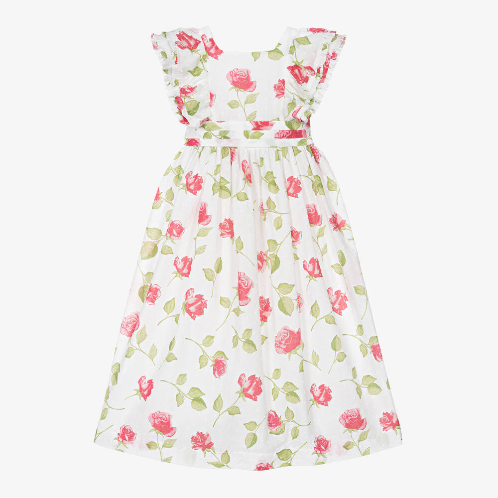 Beatrice & George-Girls Long White Cotton Floral Dress | Childrensalon Outlet