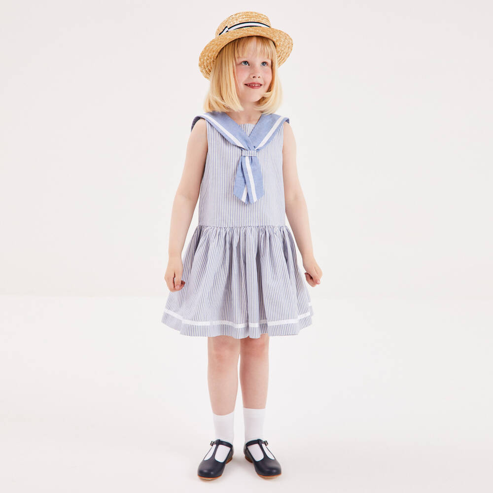 Beatrice & George-Голубое хлопковое платье в полоску в матросском стиле | Childrensalon Outlet