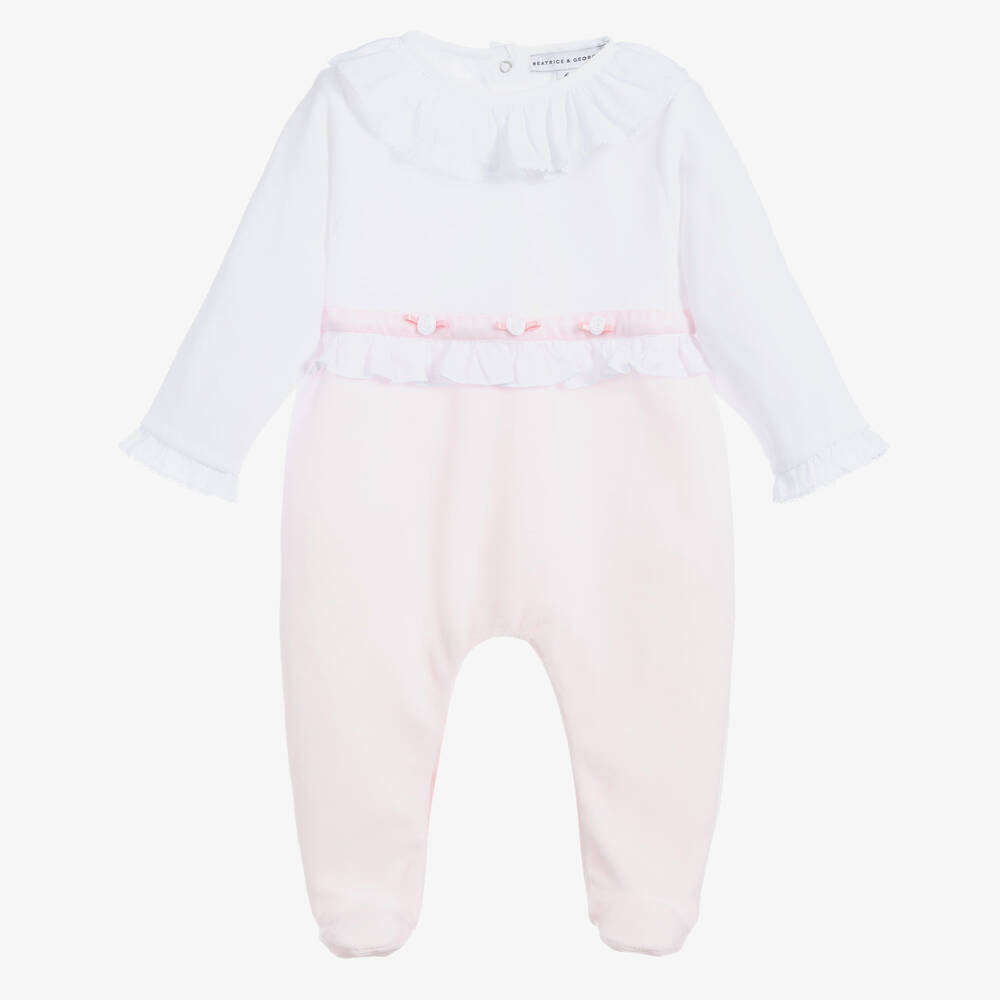 Beatrice & George-Girls Pink Cotton Velour Babygrow | Childrensalon Outlet