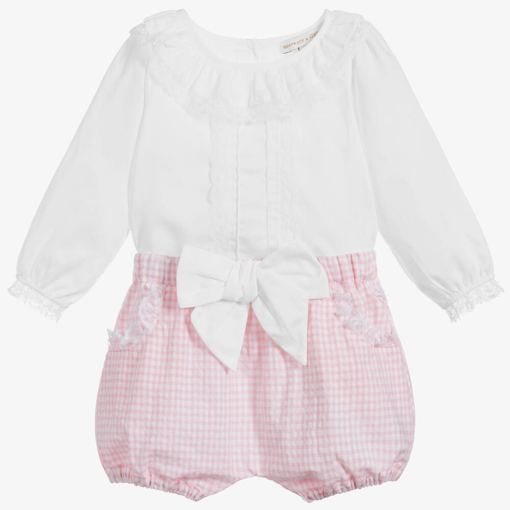 Beatrice & George-Girls Pink Gingham Seersucker Shorts Set | Childrensalon Outlet